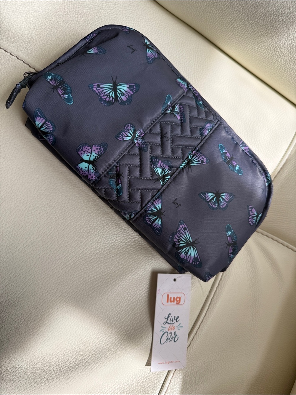 LUG Butterfly Print Quilted Cosmetic Bag - Black